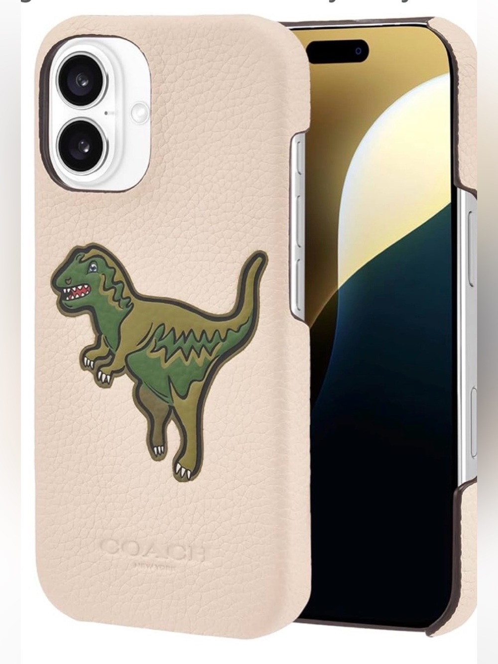 COACH Beige pebbled Leather iPhone 16 Pro Case with Green Dino Applique